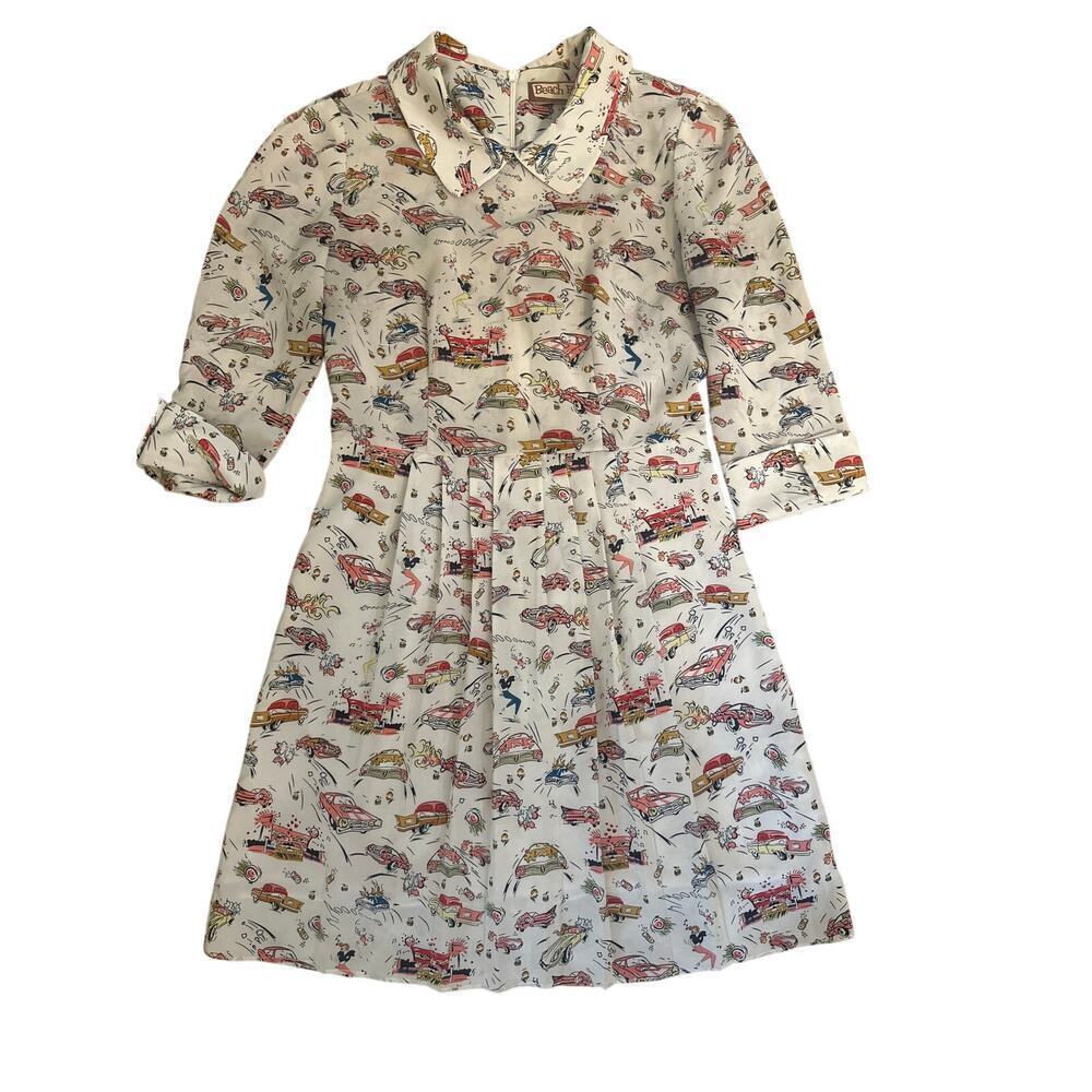 Beach Bash Dress Womens Xsmall 3/4 Sleeve Car Motiff Collar Pin Up 50’s inspired